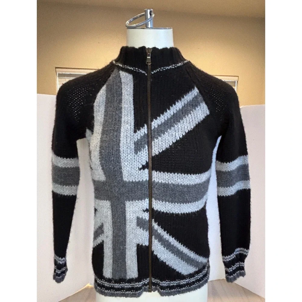 United Colors of Benetton Union Jack Zip Up Sweater Black Gray Britpop Y2K punk